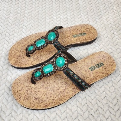 Kenneth Cole Reaction Beaded Thong Sandal 8.5M Turquoise Boho Flat Resort