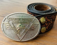 Rare Vintage NAFC 24K Gold/Rhodium Belt Buckle w/ Hand-Tooled Leather Belt