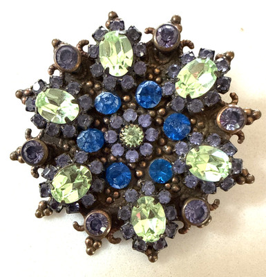 VTG Signed LIZ PALACIOS SF Swarovski Crystal Mandala Brooch Pin Brass Tone