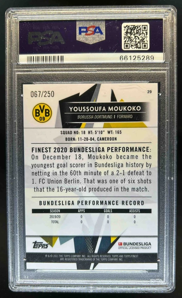 2020 Finest Bundesliga Youssoufa Moukoko RC Purple #67/250 Dortmund PSA 10 - Image 2 of 2