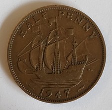 1947 Great Britain GB Half Penny - Circulated British Coin King George VI