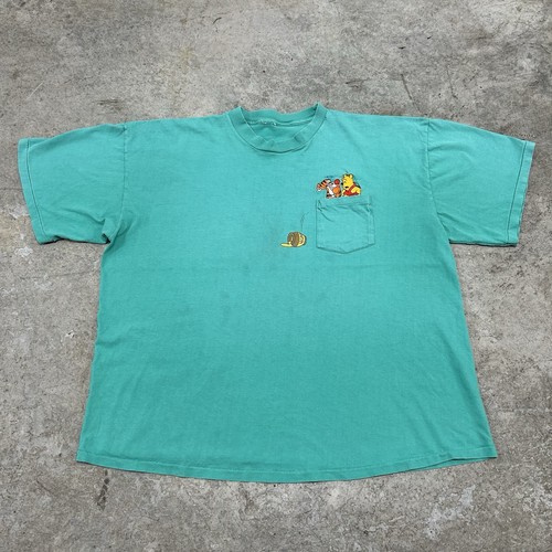 Vintage 90s Disney Winnie The Pooh Blue Pocket T Shirt Adult 2XL Embroidered Vtg