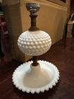 PARTS - Vtg 1950s white Milk Glass Trayed Hobnail Electric Hurricane Lamp