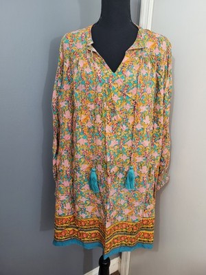 Natural Life Dara V Neck Mini Dress Turquiose Orange Border Sz S Boho Festival