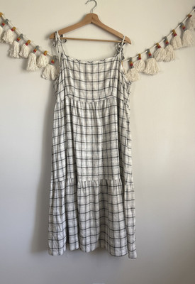NLT Luca Plaid Linen Blend Tie Straps Tiered Midi Flowy Dress Cottage Coastal 
