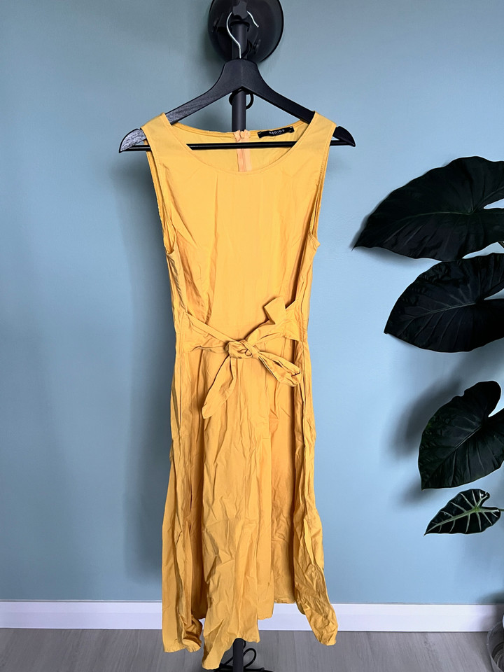 Nadine Mustard Yellow Sleeveless A-Line Midi Dress Tie Waist Pockets AUS-M EUC