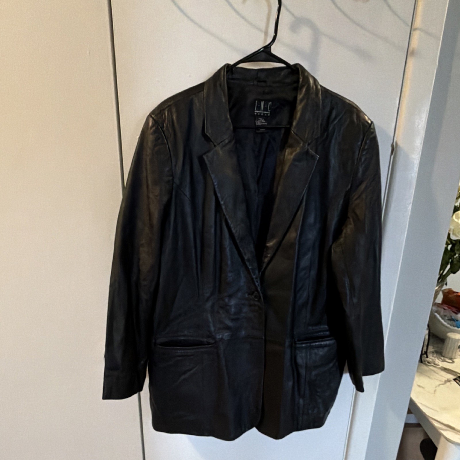 INC International Concepts Women's 18W Black Leather Blazer Button Collared Poc…