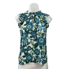 Ann Taylor LOFT Blue Floral Sleeveless Mock Neck Ruffle Tank Blouse Top Size XSP