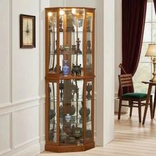 Wooden Lighted Curio Corner Display Cabinet w/Glass Doors and Adjustable Shelves