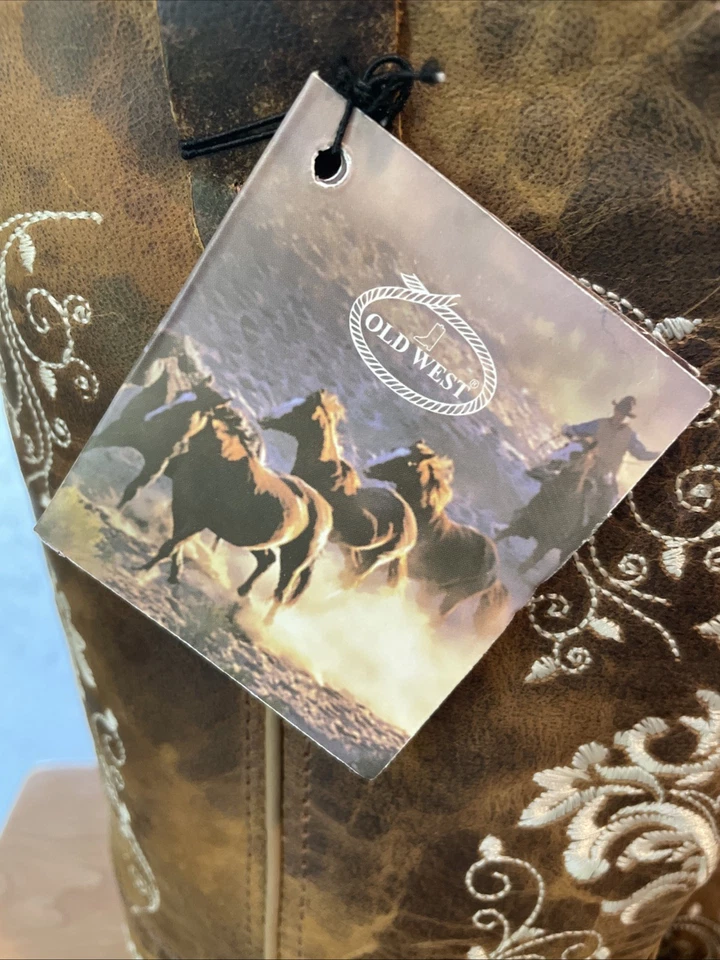 Botas de Vaquero Old West Juveniles Unisex Punta Cuadrada Ancha Cuero Tostado Quemado Talla 7 Foto 3 de 4