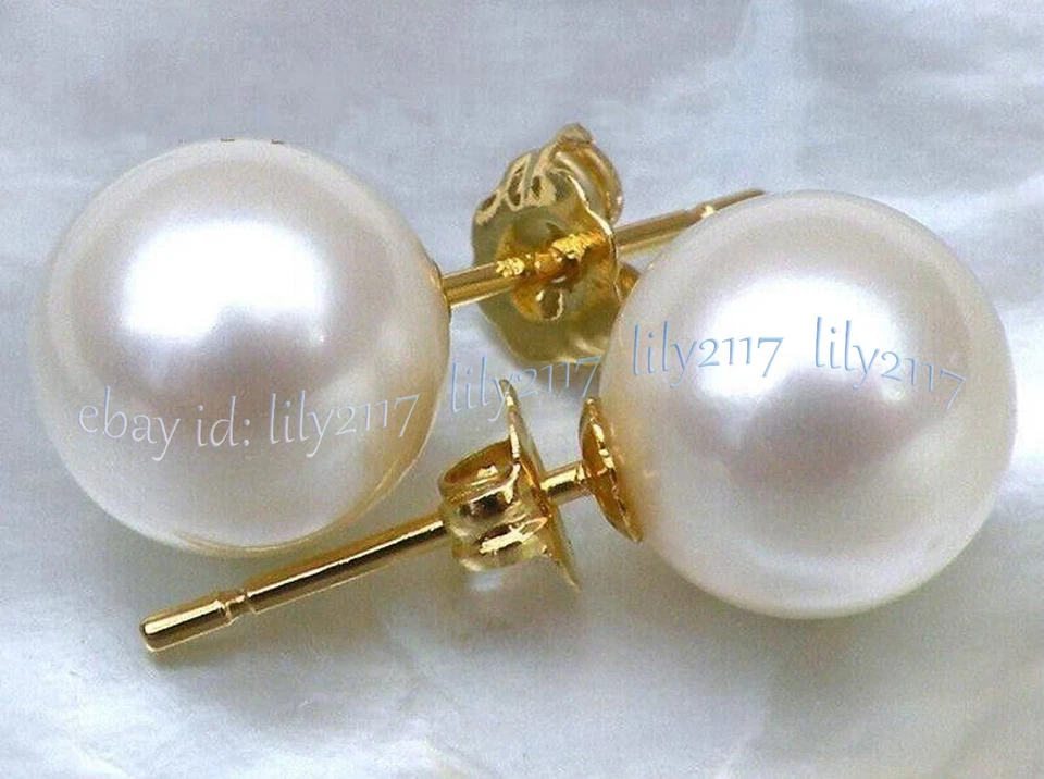 PERFECT AAA++ GENUINE NATURAL WHITE ROUND PEARL STUD EARRINGS 14K YELLOW GOLD - Image 2 of 4