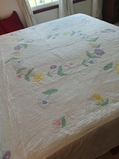 Vintage Hand Appliqued Hand Quilted Pastels Floral Quilt - 76" x 90"