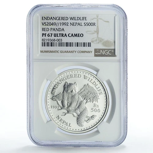 Nepal 500 rupees Conservation Wildlife Red Panda Fauna PF67 NGC silver coin 1992