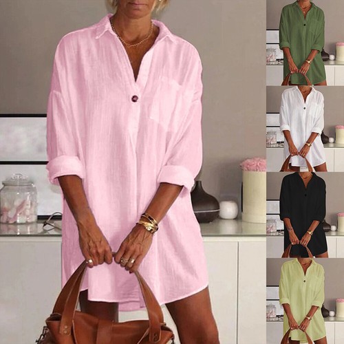 Summer Women Buttons Long Sleeve Shirt Dress New Loose Casual Blouse Mini Dress - Picture 2 of 13