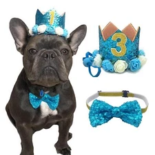 Cat Dog Birthday Crown Hat Bow Tie Collar Set Pet Boy Party Supplies Blue