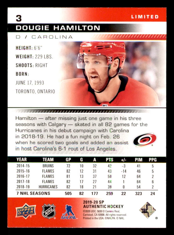 2019-20 SP Authentic Limited Red #3 Dougie Hamilton - Image 2 of 2