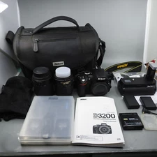 Nikon D3200 Digital Camera 2 Lenses 4 Batteries Charger Powerextra Grip Case