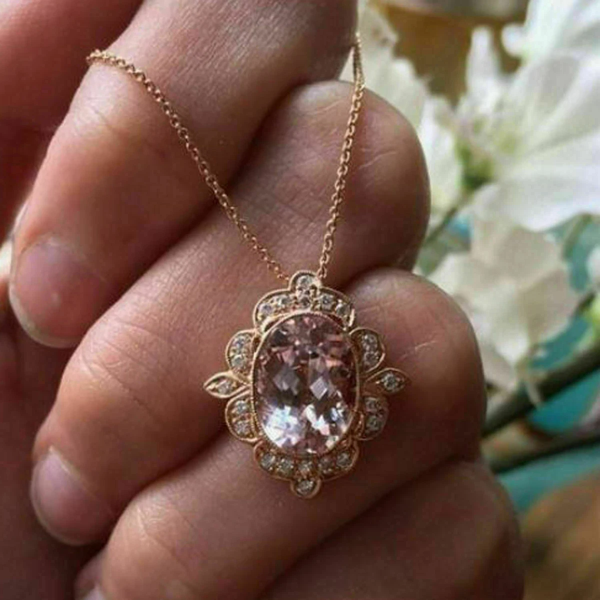 1.80 ct Morganite and Diamond Three Stone Pendant Necklace Rose Gold 18  Chain