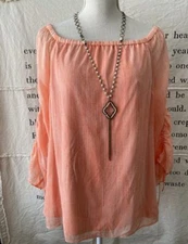 Halston Coral Stripe Chiffon Off-Shoulder Woven Blouse 10 New