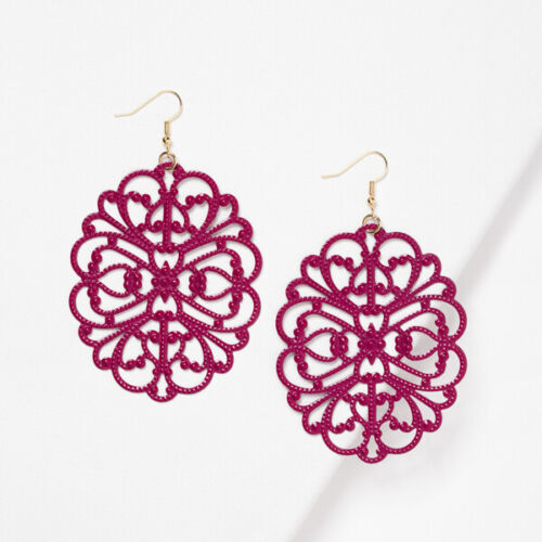 Plunder Earrings (new) LOLA - FUCHSIA FILIGREE W/DECORATIVE DESIGN 3.5" (PE889)