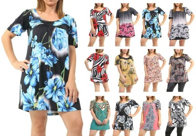  Damen kurzärmlig Übergröße Schaufelausschnitt Blumenmuster Kittel Mini Kleid Top