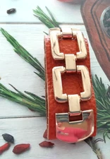 Orange Textured Leather 1" Wide Bracelet w/ Gold Tone Hardware Chain Charms 7-8"