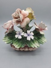 Vintage Capodimonte 5 Rose Centerpiece in Basket - Made in Italy
