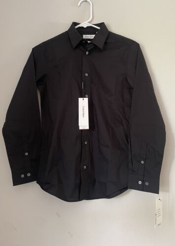 Calvin Klein Boys' Long Sleeve Satin Dress Shirt, Button-Down Style, Black, 14