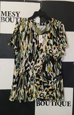 Dressbarn Woman  T-Shirt  Multicolor Blouse Leopard Print SS  Sz  2X       
