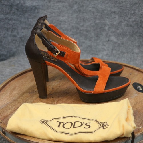 Tod's Orange Suede T-Strap High Heel Platform Sandals Shoes Size IT 38 US 8
