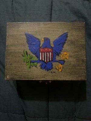 Hand Painted Folk Art Eagle Wooden Trinket Box Signed R.M. Americana Vintage