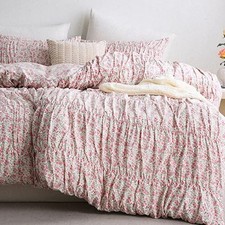 Herside Ruched Pink Flower Duvet Cover King Size,100 Cotton Reversible Flora...