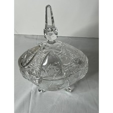 Vintage Tall Crystal Candy Dish Footed w/ Lid Cut Glass Starburst Pattern Heavy
