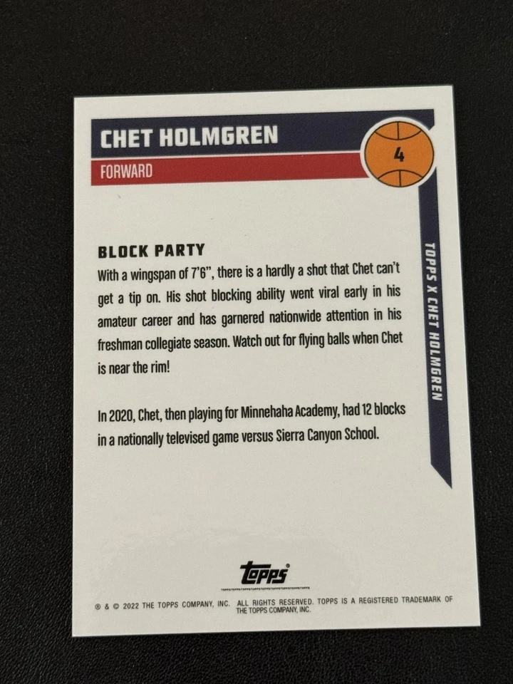 Chet Holmgren 2022 Topps X Block Party #4 Oklahoma City Thunder Gonzaga Bulldogs - Image 2 of 2