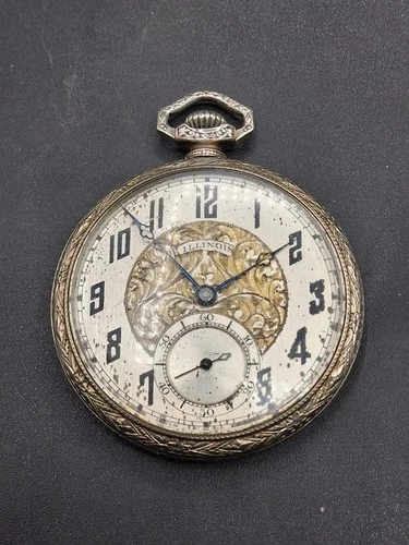 Antique Illinois 17 Jewel Pocket Watch Movement Marked Sterling B&B Gold Filled