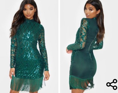emerald green sequin long sleeve tassel hem bodycon dress