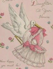 VTG 1940'S STORK BABY GIRL REAL RUFFLE RIBBON ROSES NEWBORN GREETING CARD