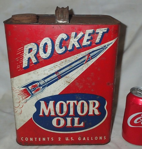 OLD USA NASA ROCKET SHIP MOTOR OIL TWO GALLON METAL CAN GAS TOOL STATION MAN ART - Picture 13 of 13