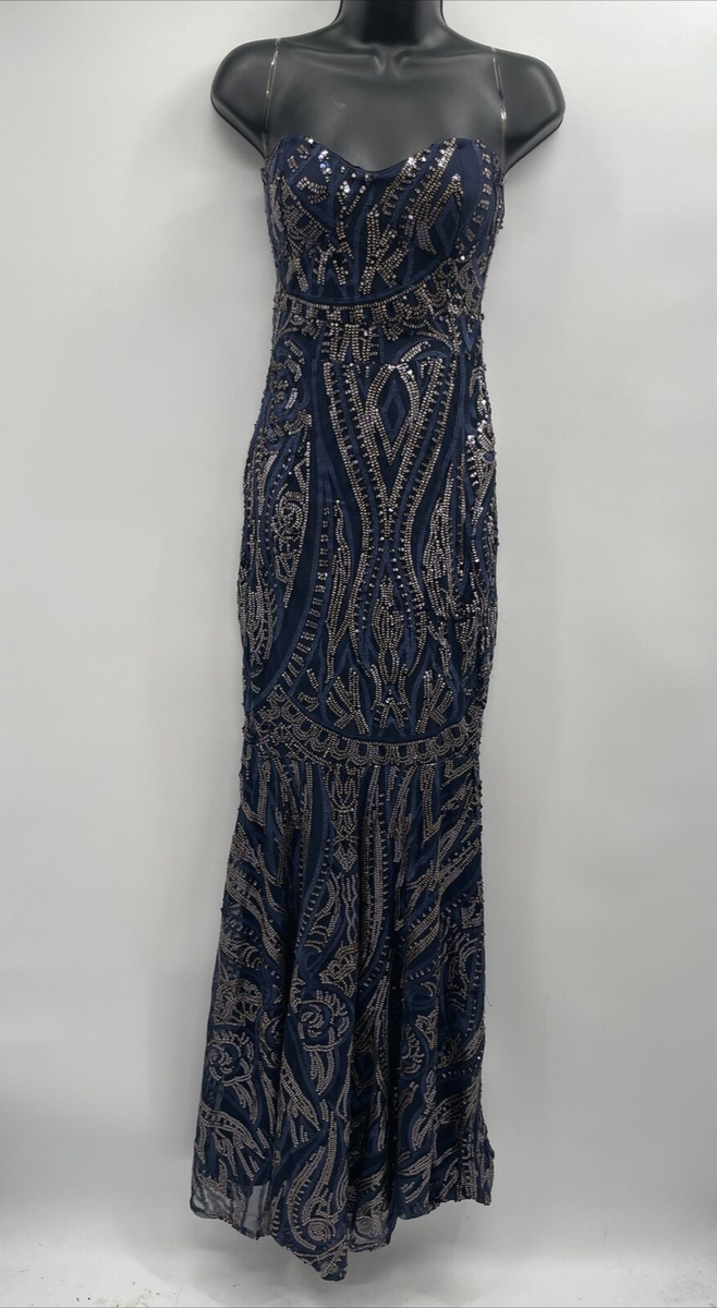 CLUB LONDON WOMEN'S SWEETHEART LONG SEQUIN STRAPLESS NAVY/GOLD DRESS SIZE  US 2 | eBay