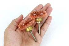 Cream and Pink Glass Door Knob Set 2 Pcs | Victorian Era with Brass Accents