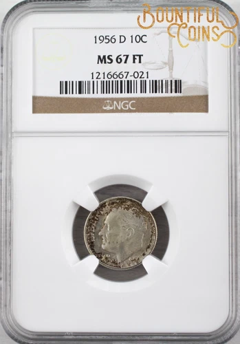 ~1956 D NGC MS 67 FT Roosevelt Dime 10C Ten Cents Toned Full Torch Bands (M168)~