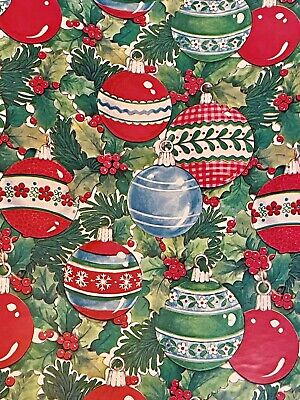 VTG CHRISTMAS WRAPPING PAPER GIFT WRAP RED WHITE BLUE ORNAMENTS NOS 24 X  28 
