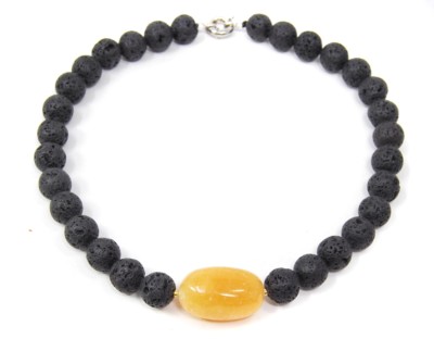 Charming Lava Gemstone Necklace with a Honey Calcite Stone Pearl