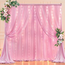 10 x 10 ft Baby Pink Backdrop Curtains with Lights String Photo Backdrop Drap...