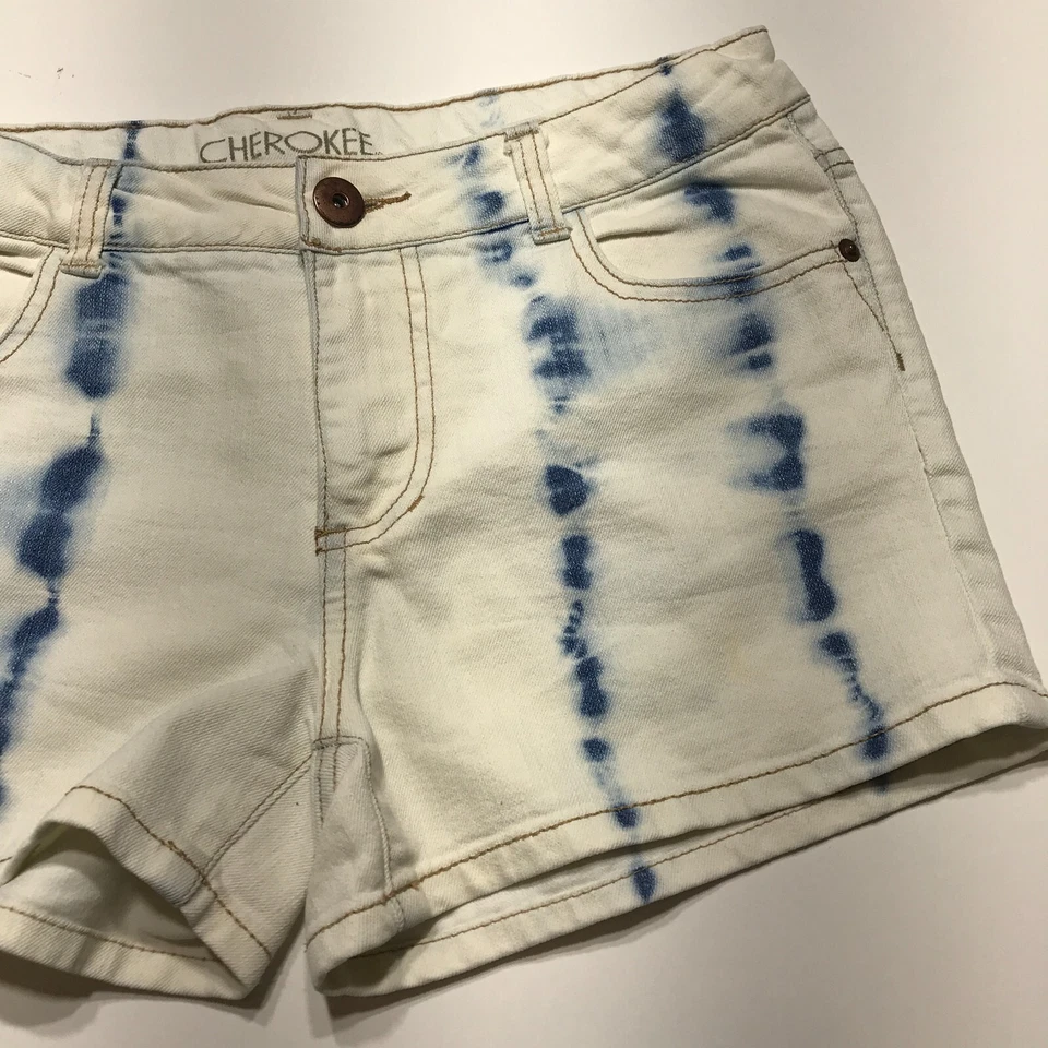 Pantalones Cortos Cherokee Para Mujer Talla XL Teñidos con Corbata Blanco Azul Denim Lavado Ligero Elástico Foto 4 de 4