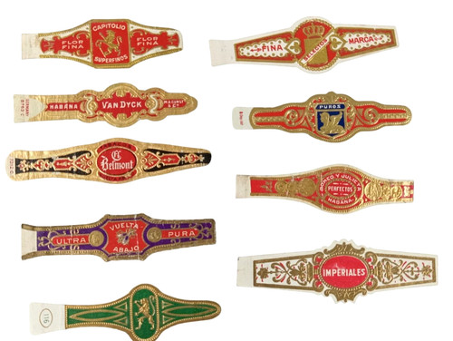 Lot of 9 RARE Embossed Antique Paper Cigar Bands Gold Foil LION VAN DYCK