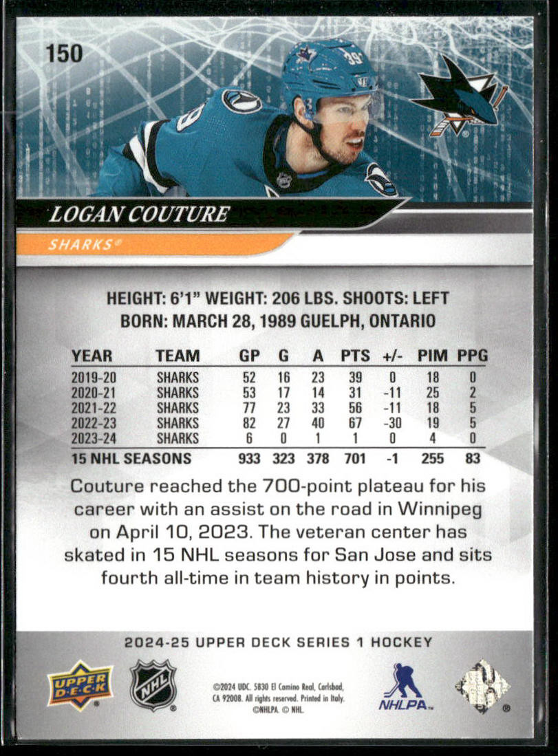 2024-25 Upper Deck #150 Logan Couture San Jose Sharks Hockey Card
