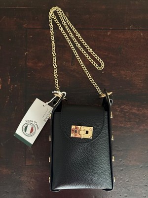 ANNA PAOLA Women s Black Leather Phone Holder Crossbody With Studs Bag