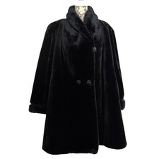 Fabulous Furs Black Faux Mink Fur Swing Pea Coat Womens M Made In USA
