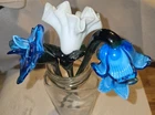 Vintage Hand Blown Long Stem Murano Style Glass Trio Of Blue & White Flowers 12”